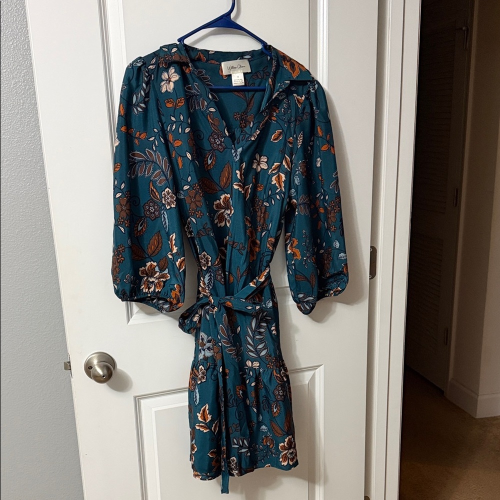 Floral Long Sleeve Dress in Teal and Brown
